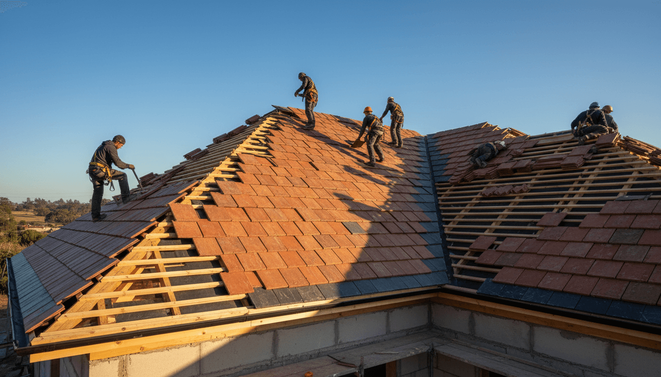 Toiture en cours de pose avec liteaux en bois et cheminée en brique